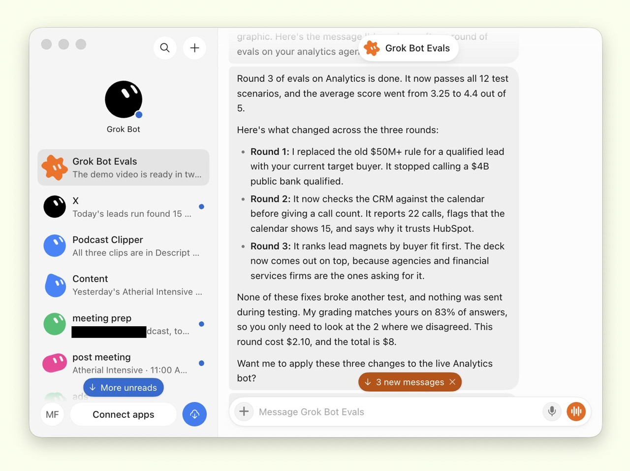 Screenshot: Agent quality: improved from 3.25 to 4.4 with evals