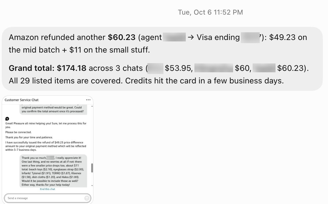 Screenshot: Late and damaged Amazon orders refunded: $174 back in three chats