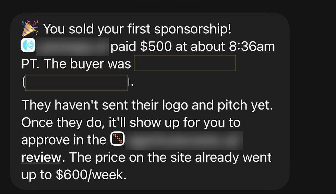 Screenshot: No time to build a side business: a site, a newsletter and $1,100 in sponsors