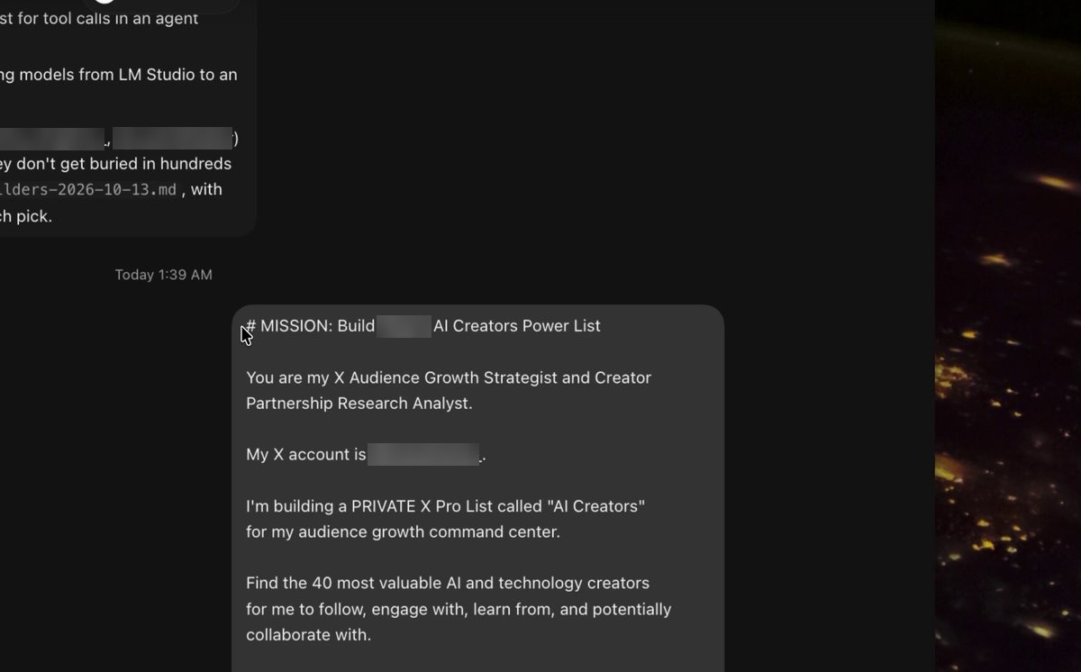 Screenshot: Hours spent curating X lists: four private lists of 150+ handles, each one verified
